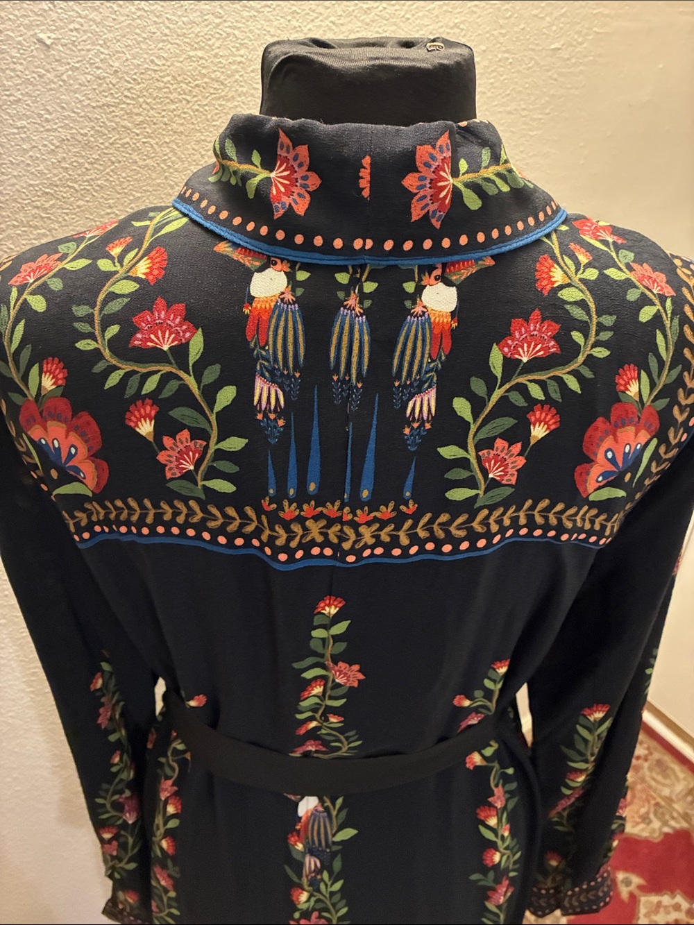 FARM Rio NWT Large Toucan Garden Black Button Front Midi Dress w/Tie & Pockets - Picture 14 of 16